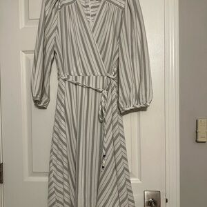 Calvin Klein Light Gray and White Striped Wrap Midi Dress